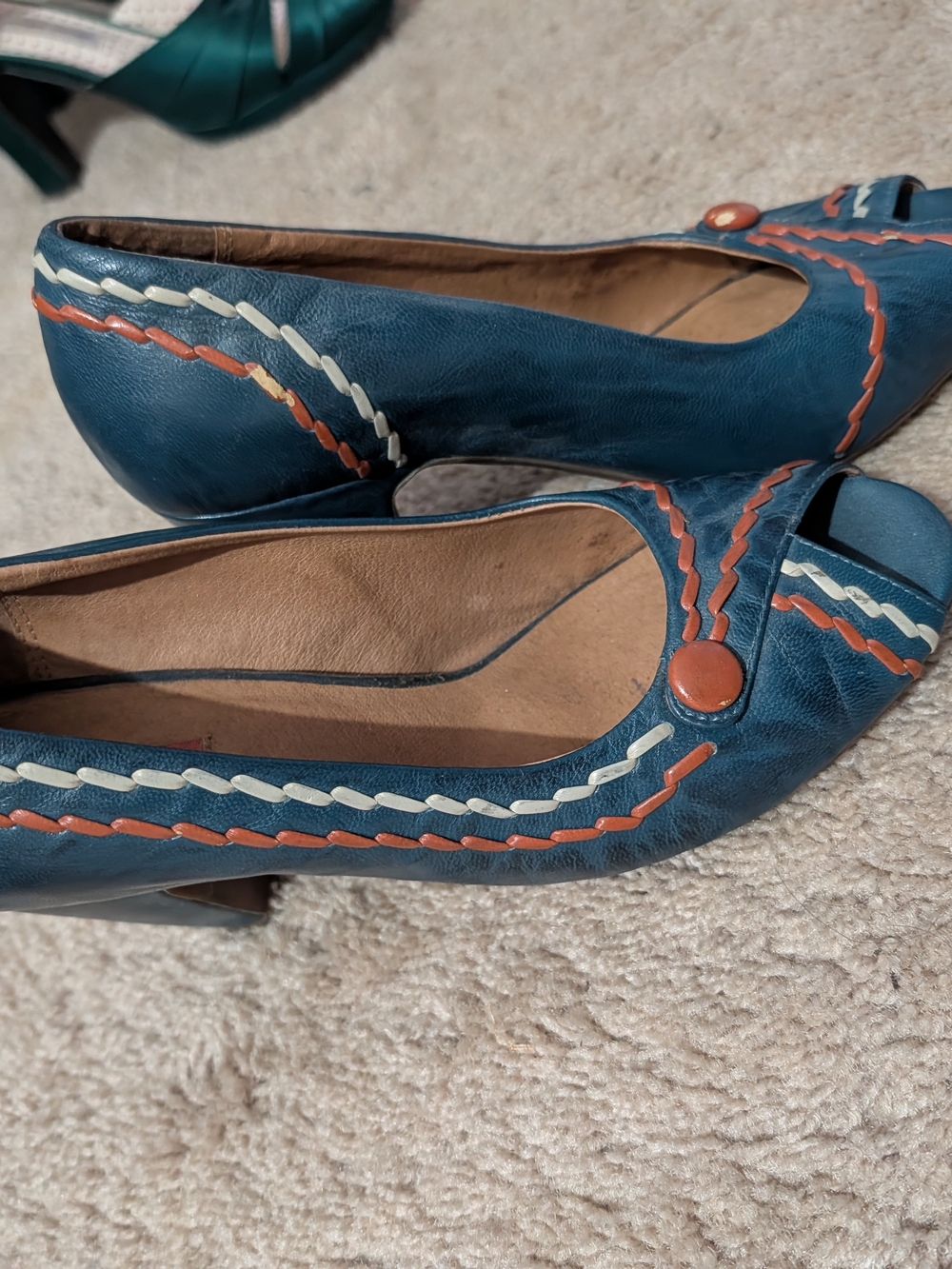Miz Mooz Teal Peep-Toe Heels with Coral & Cream Trim - Picture 2 of 4